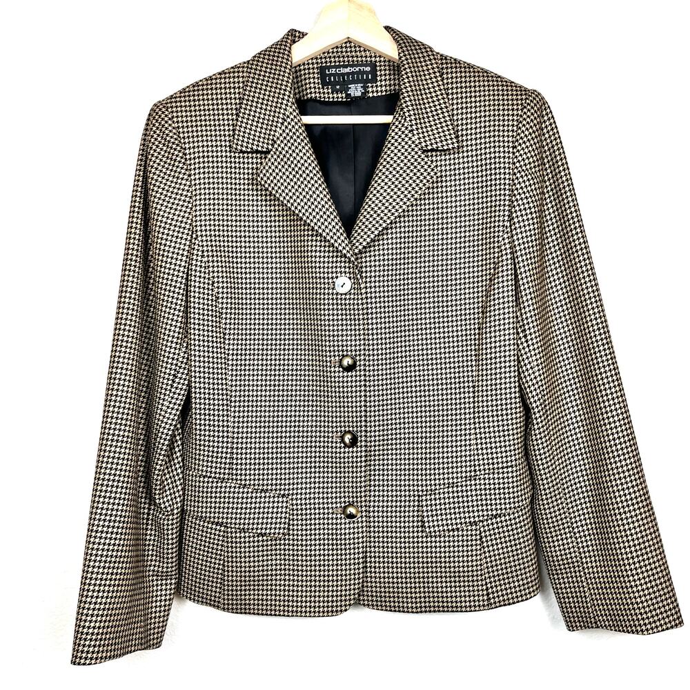 VTG Y2K Liz Claiborne Tan Black Houndstooth Wool Blazer Sz 12‎ Academia Business